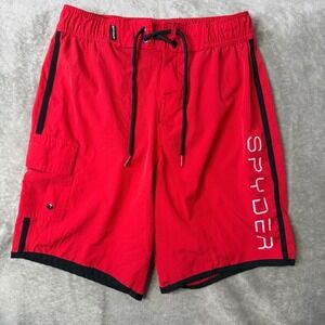 Spyder Swim Trunks Mens S Red Black Logo UV Protection Board Shorts 9" Cargo